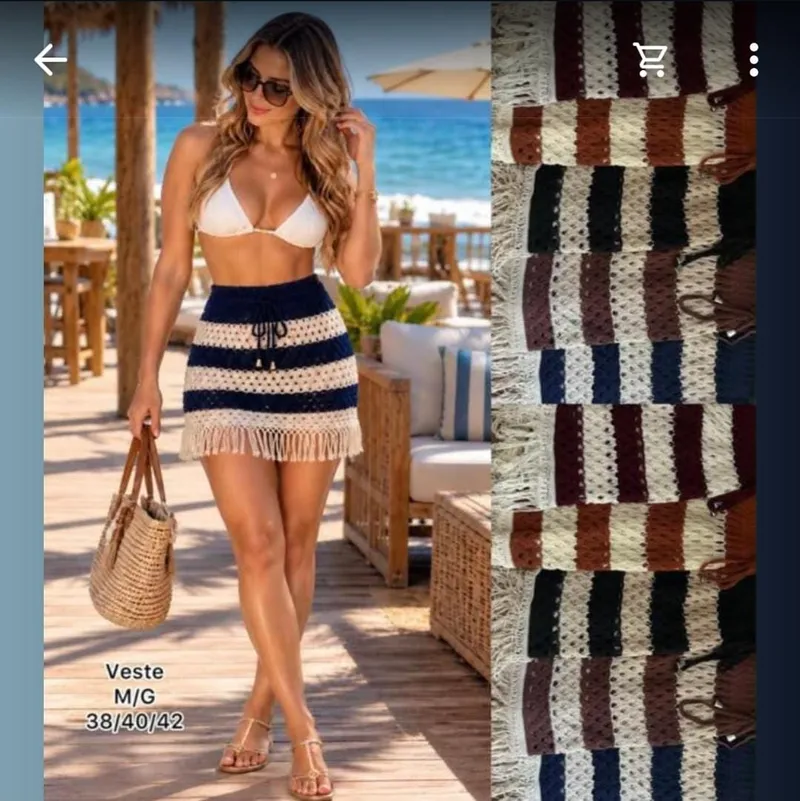 Navy blue and natural striped crochet-style mini skirt featuring an adjustable drawstring waist and playful fringe hem.